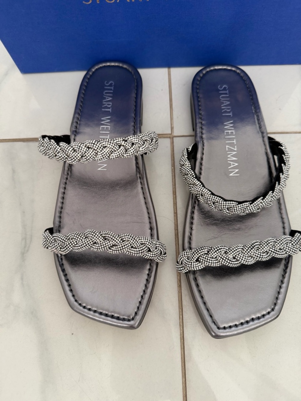 Stuart Weitzman Women’s Silver Braided Slide Sandals “Addison Slide Sandals”
